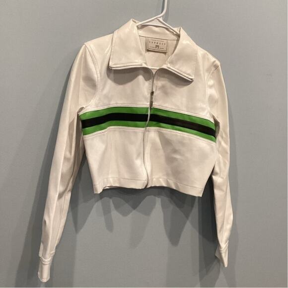 Vtg Express Womens Cropped Jacket Size Small S White Green Y2K Britney Rave Punk - Picture 1 of 14
